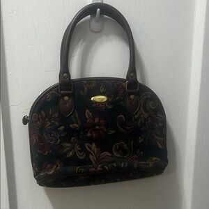 Liz Claiborne Black and Brown Floral Satchel EUC Vintage tapestry